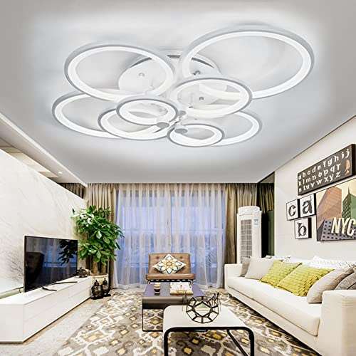 XEMQENER Modern LED Ceiling Light with 8 Rings, 142W Flush Mount Pendant Light, Acrylic Chandelier for Living Room Bedroom Dining Room, White, 6000K Cool White Light Only