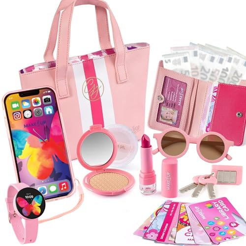Pretend Play Sac à Main et Jouet de Maquillage pour Enfants avec Princess Pretend Makeup Smartphone Clés de Portefeuille Cartes de crédit et VIP