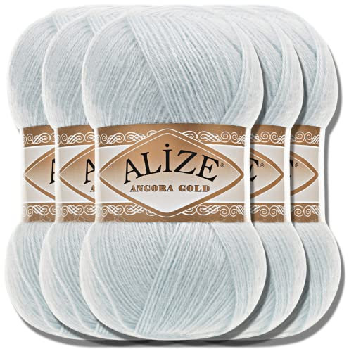 Hobby YARN Alize 5x 100g Angora Gold Türkische Premium Wolle Dünne Mohair aus Schurwolle Babywolle als Strickgarn Handstrickgarn Einfarbig Uni Yarn (Winter Sky | 514)