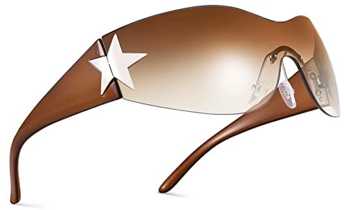 COASION Randlose Y2k Stern Futuristische Sonnenbrille für Damen Herren UV400 Schnelle Brille Rave Groß Fahrradbrille Sportbrille