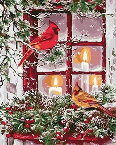 Kit de pintura al óleo por números para adultos, pintura de Navidad, color de acuerdo con los números en el lienzo, 16 x 20 pulgadas, cardenales en la nieve, dibujo con pinceles, decoración navideña
