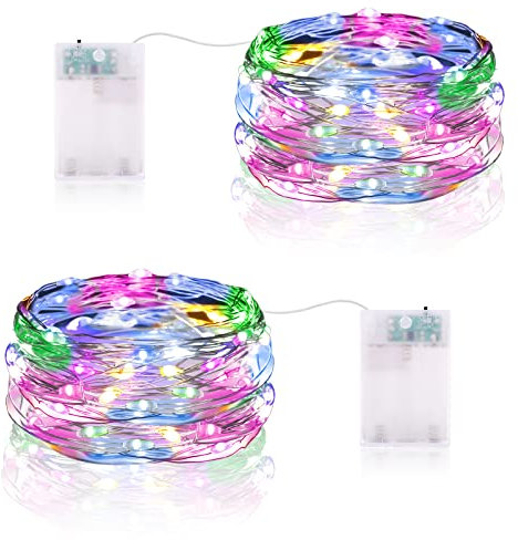 Vacoulery Lichterketten Batterie Timer, 2 x 50er Micro Drahtlichterkette IP65 Wasserdichte Kupferdraht Lichterkettefür Party Garten Weihnachten Halloween Hochzeit Beleuchtung Deko - Bunt