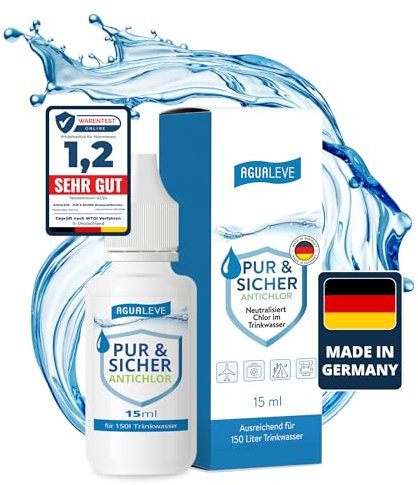 AGUALEVE® Antichlor 15ml für 150l Wasser *NEU* | Neutralisiert Chlor im Trinkwasser | Perfekt für Reisen und nach Wasserentkeimungstabletten | Markenqualität Made in Germany | mit Note 1,2 getestet