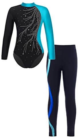 renvena Mädchen Gymnastikanzug mit Hose Leggings Turnanzug Langarm Bodysuit Trikot Body Lange Hose Skinny Tight Kinder Sport Ballett Kleidung Blaugrün&Royal Blau 122-128/7-8 Jahre