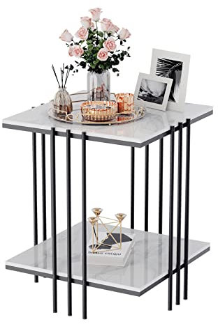 Marble Top Side Table Black: 2 Tier Square White End Tables 44.5x44.5x55.5cm Sintered Stone Marbles Tabletop Modern Small Bedside with Metal Black Legs Nightstand Sofa Accent Table Home Furniture