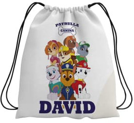 ZPUBLI+ Talegas infantiles personalizadas para niños y niñas. Bolsas infantiles escolares para el desayuno. Mochila de cuerdas personalizada para el colegio o guardería. (PATRULLA CANINA)