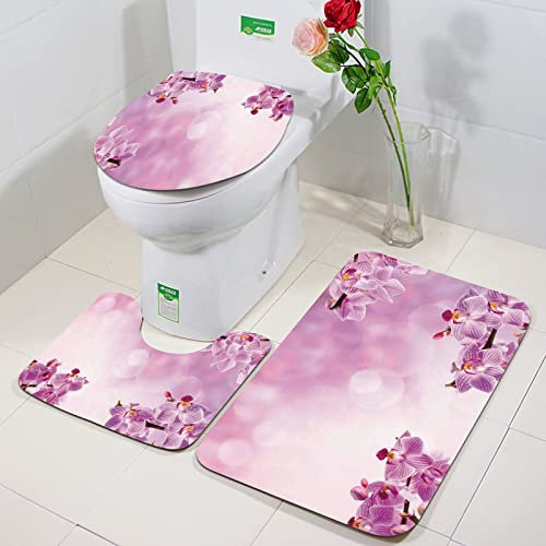 Rutschfeste Badematten 3 teiliges Set,Spa-Dekor, wilde Orchidee Blütenblätter in monochromen Design Bouquet Frühl,Hohe Wasseraufnahme, weiche Mikrofaser, WC-Vorleger, WC-Sockelmatte, maschinenwaschbar