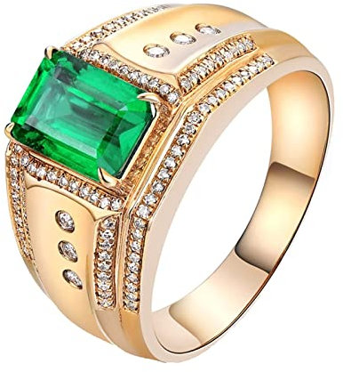 Sortija Oro 18 Kilates, Anillo Vintage Geometría Oro Amarillo 1Ct Esmeralda Verde Forma Rectangular Moissanita Blanco Talla 17 Ajuste Cómodo