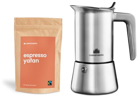 Groenenberg Spar Set 2 | Bio Espresso Bohnen o. gemahlen 250g + Espressokocher Induktion | Premium Mokkakanne Kaffeekocher aus Edelstahl