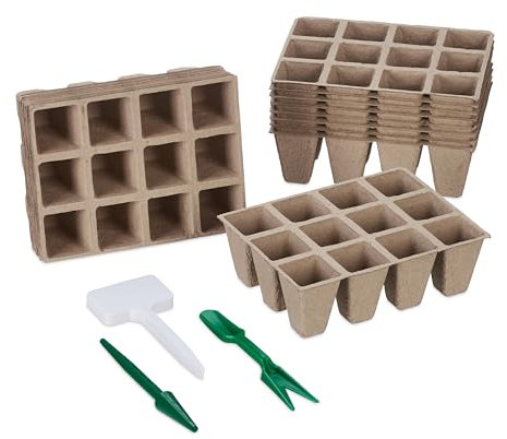 Relaxdays Set 192 Semilleros, Incluye Accesorios, Biodegradables, Macetas de Cultivo, 5 x 3,5 x 3,5 cm Aprox, Marrón, 5 x 20,5 x 8 cm