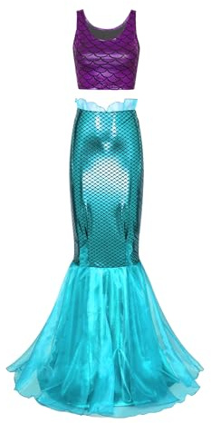 Alvivi Femme Ensemble Déguisement Sirène Haut Jupe Queue Sirène à Paillettes Soirée Cocktail Jeu De Rôle Costume Halloween Carnaval S-2XL