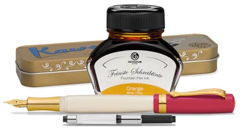 Octopus Kaweco Student Fountain Pen Set with 30 ml Orange Dye-based Ink, Converter and Metal Case
