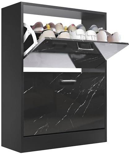 Blisswood 2 Drawer Shoe Cabinet, Wooden Shoe Storage Organiser Cupboard Unit Hallway Furniture, Narrow Entryway 2 tier Modern Shoe Rack Cabinet Footwear Stand for Shoes (Marble Black)