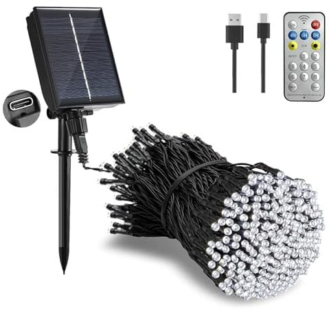 Tacobey Solar String Lights Outdoor Garden - 65Ft/20m 200 LED Solar Fairy Lights Waterproof with Remote, USB Charging, 8 Modes, Decorative Lighting for Garden Outdoor - Cool White
