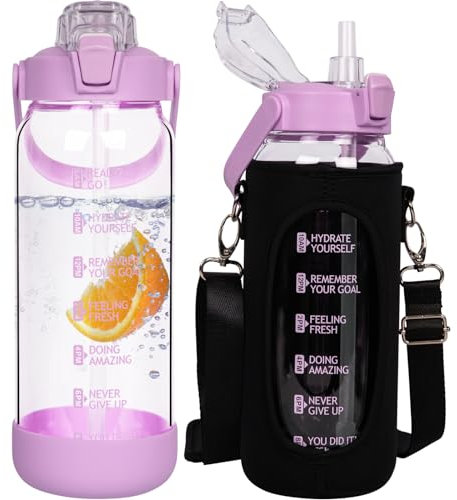 Seekua 1.5 litre Sport Gourde d'eau Avec Paille et Temps Motivation Marqueur, 1.5l Grande Bouteille d'eau Verre Avec Sans BPA Pour le Gym Bureau Fitness Camping
