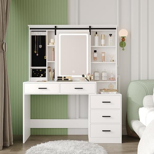 Hzuaneri Schminktisch mit Verstellbarer LED-Beleuchtung, Abnehmbarer Großer Spiegel, mit Schmuckaufbewahrung, Offene Regale, 5 Schubladen, mit Beistelltisch, für Schlafzimmer, Weiß DT33103X