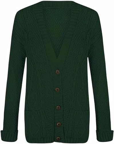 OutfitsbySMILE Women's Ladies Long Sleeve Button Top Chunky Aran Cable Knitted Grandad Cardigan Bottle Green UK Size 12/14