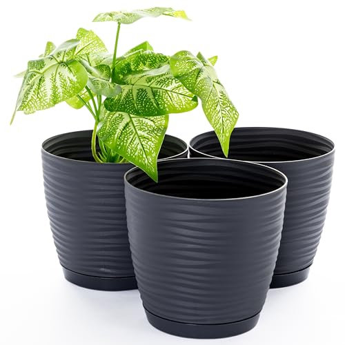 Home Garden Ornaments Wave Plant Pots Indoor, Set of 3 Indoor Plant Pot with 3D Effect, Drainage Holes, and Integrated Saucer, Plastic Flower Pots (Diameter: 11cm, Colour: Black)
