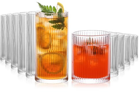 INSETLAN 12 Piece Ribbed Glassware - 6 Highball Glasses 12 oz, 6 Rocks Glass Cups 14 oz, Vintage Cocktail Drinking Glasses, Ideal for Wine, Juice, Water, Ice Coffee Cup, Whiskey, Mixed Drinkware (12)