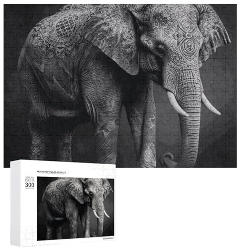 Schwarz-Weiß-Elefanten-Bildrätsel, 300 Teile, personalisierbares Puzzle, schwarz-weißes Elefantenbild, Fotopuzzle, anspruchsvolles Bilderpuzzle für Erwachsene, personalisiertes Puzzle mit