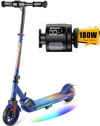 Caroma E Scooter für Kinder Alter 6-14, 180W Motor, 16 km/h, 80 mins Fahrzeit, einstellbare Geschwindigkeit und Höhe, Bunte Lichter, LED-Anzeige, Faltbarer Kinder Elektroroller Dunkelblau