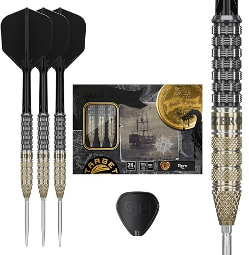 Target Japan Black Marque Reyn 90% Tungsten K-Flex Swiss Point Steel Tip Darts Set, 24G | KFlex Dart Flight, Swiss Nano Points, Black & Gold Steel Dart Tips with K Flex Integrated Shafts and Flights