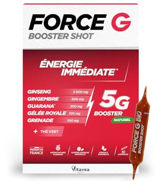 Force G Booster Shot Naturel - Complément alimentaire énergie - Ginseng, Gingembre, Guarana, Gelée Royale, Grenade, Caféine - 7 actifs renforcés - 10 ampoules - Fabriqué en France - Vitavea