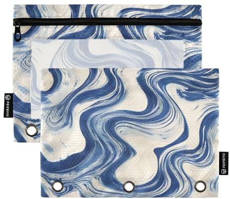 Blue Artistic Fluid Federmäppchen mit Reißverschluss, großes Fassungsvermögen, Federmäppchen, 3 Ringe, Schule, Klasse, Büro, Organizer, mehrfarbig, 2 Stück