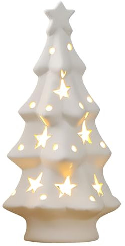 Ceramic White Christmas Tree with Lights - LED Artificial Table Top Decorations for Countertop, Mantle, Windowsill, Bookshelf, Balcony