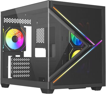 ARCADE PC Gaming Case, Tempered Glass Panels, Micro ATX Tower Cube Case With 3 x 120mm Infinity ARGB Fans, LED Strips (Black)