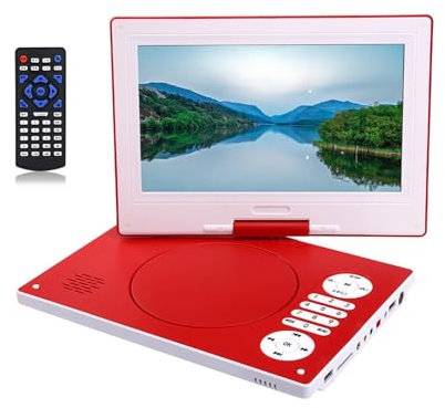 JOJIDE Lecteur DVD Portable, Portable VCD DVD CD MP3 MP4 USB Lecteur HD 9 Pouces Écran Carte U Disque Lecture Et Entrée Vidéo Sortie FM Radio Haut-parleurs, pour la Maison, la Voiture(Rot)
