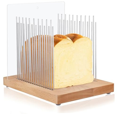 Bread Slicer - Stainless Steel Bread Slicers for Homemade Bread, Foldable Wooden Bread Slicer Guide with Adjustable Width, Bread Loaf Cutter for Bakery Loaves, Cakes & Bagels Cutting Knife Guide