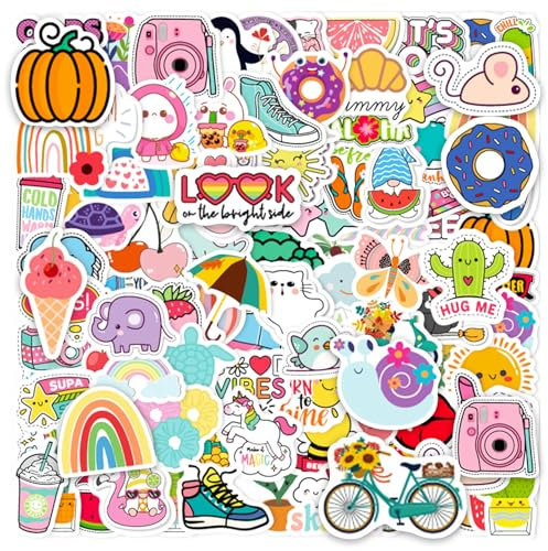 100Pcs Colourful Cute Stickers, Waterproof Kawaii Stickers Aesthetic Personalised Vinyl Sticker, Cartoon Water Bottle Sticker for Laptop, Skateboard, Scrapbook, Luggage, Car Decals, Suitcase, Guitar