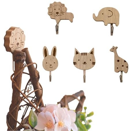 COZERI 5Pcs haken kinderzimmer,kleiderhaken kinder,Holz Tier Wandhaken, garderobe Kinder Gaderobe Haken, Katzen, Löwen, Kaninchen, Giraffen, Elefantenform