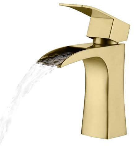 Bathroom Sink Mixer Taps, Waterfall Taps for Bathroom Sink, Square Modern Cloakroom Faucet, Stainless Steel Basin Mixer Tap with UK Standard Hoses (Brushed Gold)