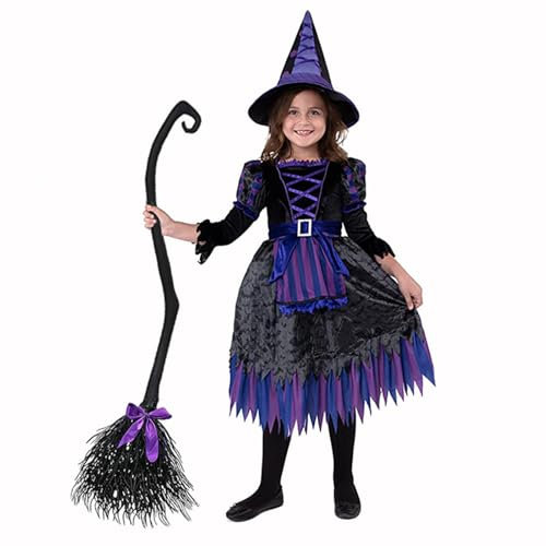 Escoba de bruja con cintas, escoba de bruja malvada, escoba de bruja de Halloween con 3 cintas coloridas, accesorios de diseño de Halloween, mago para fiestas de niños y adultos, decoraciones de