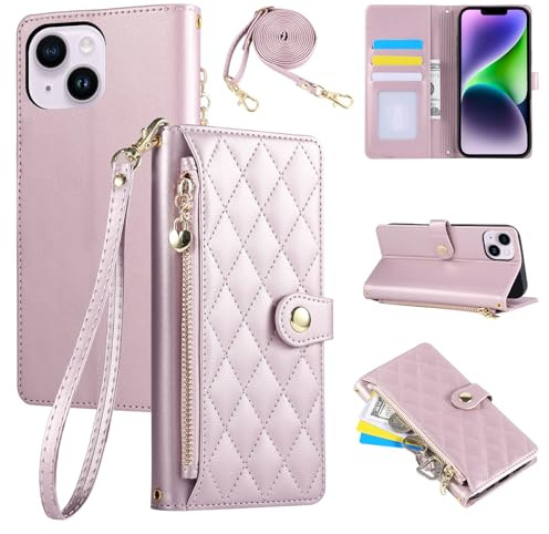 Rosbtib Coque pour iPhone 14 / iPhone 13 Housse en Cuir PU Premium avec Bandoulière et Fonction Support Étui Portefeuille Flip Case Porte Carte Credit à Rabat Coque iPhone 13/14 - Rose