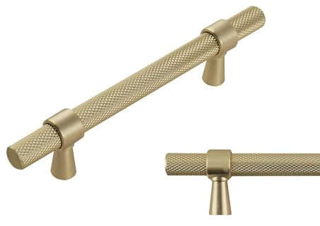 keypak 10 Pack Brushed Brass Knurled Kitchen Cupboard Handles, 96mm | Aluminium T-Bar Pulls for Cabinet, Wardrobe Doors, Chest of Drawers