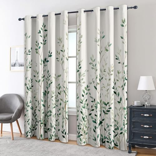 Generisch Blickdichte Vorhänge Weiß Grünes Blatt Muster, H 200 x B 140 2er Set - Pflanze Baum Fenster Gardinen mit Ösen, 200 cm Lang Curtains Wohnzimmer Schlafzimmer Deko JU160