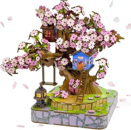 3D Puzzle für Erwachsene Sakura Baumhaus Miniatur Modell Bausatz 3D Puzzle für Erwachsene zum Bauen Holzmodell Bauset Heim und Bücherregal Dekoration Einzigartiges