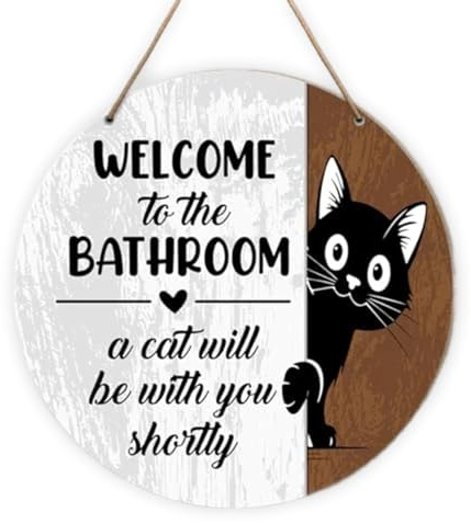 Funny Bathroom Sign, Black Cat Wooden Plaque, Natural Wood Bathroom Wall Art with Humorous Quote for Indoor Home Decor Living Room Kitchen
