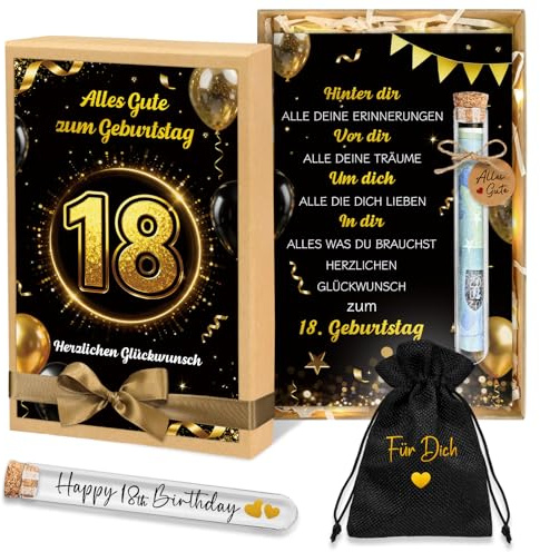 Geschenk zum 18. Geburtstag Junge Madchen, Geldgeschenke 18. Geburtstag Verpackung, Schwarz-Gold Geschenkbox mit LED Lichterkette Reagenzglas Geburtstagskarte