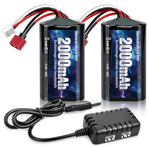 7.4 V Li-ion Battery 2000 mAh Akku mit Deans T stecker &1-zu-2-USB-Ladegerät, Wiederaufladbarer RC Battery für RC-Autos, Boote, Trucks (2 Packs)