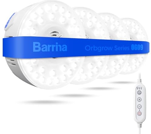 Barrina Orbgrow OG09 Puck Grow Light, 4 x 9W, 5000K, Timer, Dimmable 4-Pack | Full Spectrum Plant Light for Indoor Plants, Magnetic & Linkable, 5 Levels Dimmable, Small Grow lamp, Perfect for Plant Shelf