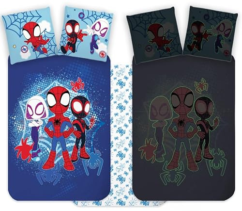 BrandMac Spidey & Super-Freunde Kinderbett Bettwäsche Set 100x135 cm + Kissenbezug 40x60 cm, 100% Baumwolle | Nachtleuchtender Stil Babybettwäsche Set | Perfekt für Kleinkinder