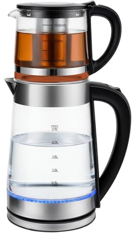 Elektrischer Türkischer Teekocher 1500W, 2,5L Glas Teekocher mit 1L Teekanne & Sieb, Kalkfilter, sichtbarer Wasserstand, Tea Maker für alle Teesorten