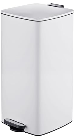 Relaxdays Mülleimer Küche, 30 Liter, Absenkautomatik, weiß | entnehmbarer Inneneimer, mattes Metall, eckiger Treteimer