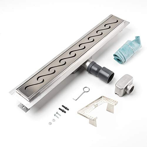 LST Duschrinne Wellen 600x70mm Ablaufrinne Duschrost mit Edelstahl Siphon Haarsieb