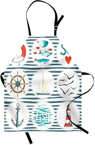 ABAKUHAUS Nautisch Kochschürze, marine-Collage, Unisex-Küchenlätzchen mit verstellbarem Hals für Kochen Gartenarbeit, 67 cm x 80cm, Weiß Rot Blau