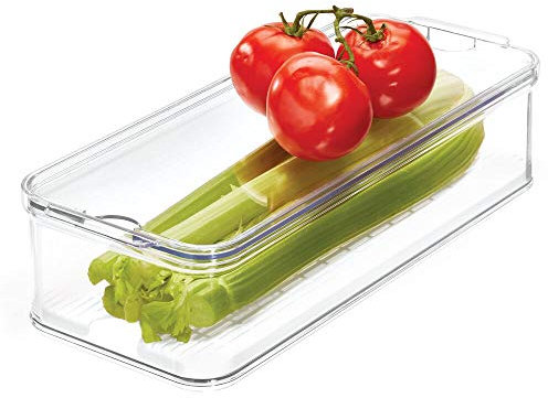 iDesign 71340EU Caja de Almacenamiento Apilable para Armarios de Cocina o Nevera, Caja Organizadora de Alimentos de Plástico, Recipiente con Tapa y Bandeja Interior, Transparente y Blanco, 9.9 cm x 16.1 cm x 9.6 cm